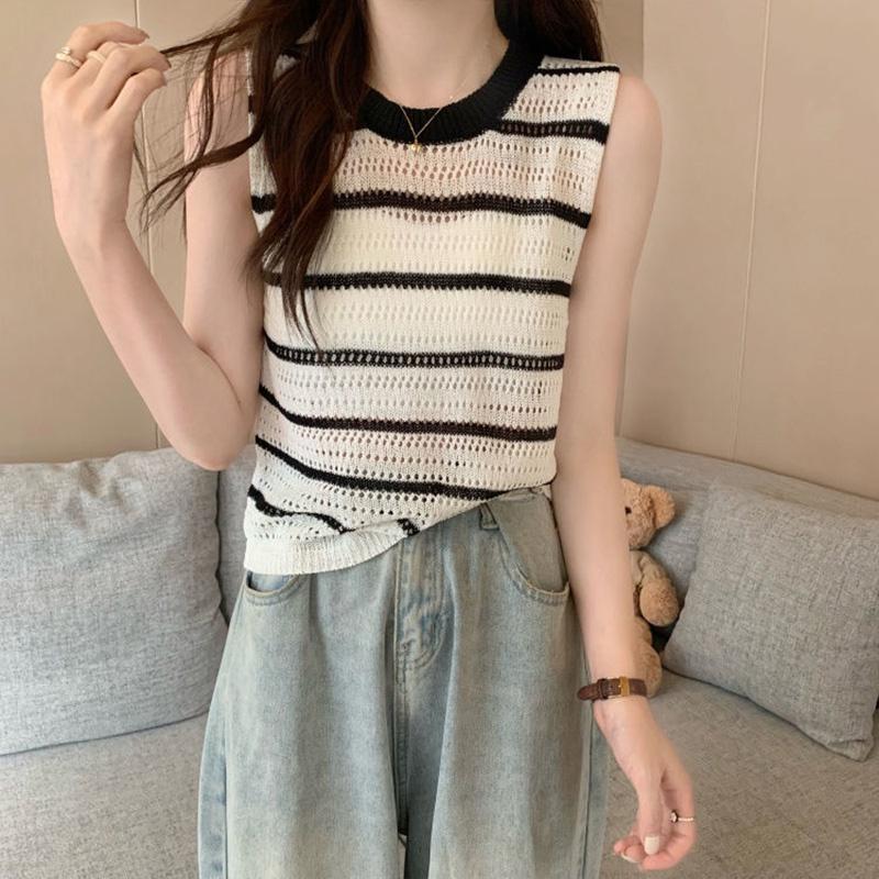 Áo LƯỚI len Montoghi dệt kim 3 LỖ KẺ SỌC màu sắc tươi tắn thời trang mùa hè