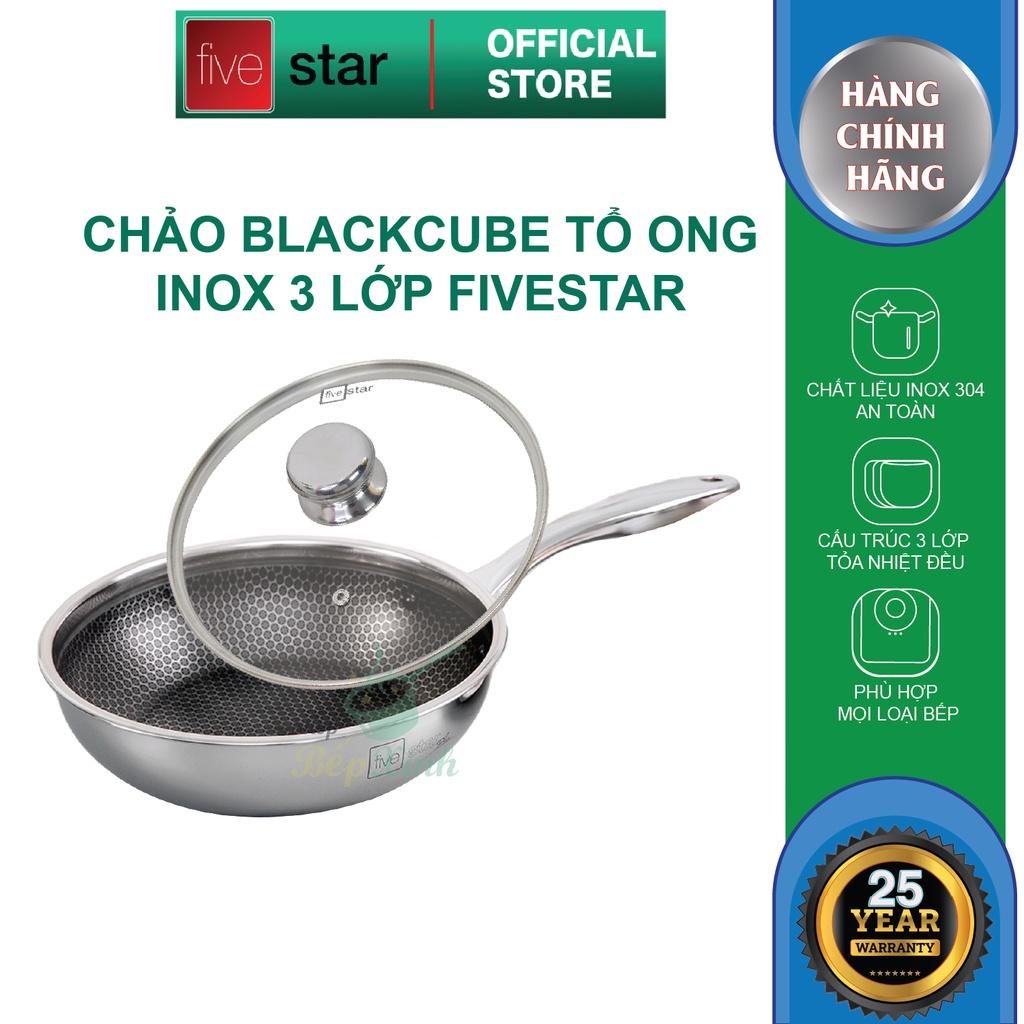 Chảo sâu lòng tổ ong 3 lớp đáy liền inox 304 Blackcube FiveStar Plus nắp kính , dùng được bếp từ