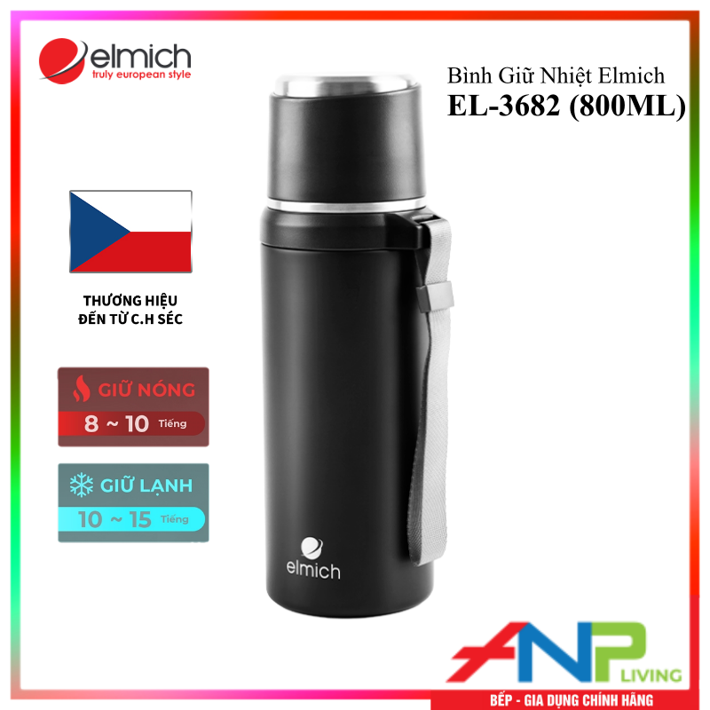 Phích Giữ Nhiệt 3 lớp Inox 304 Elmich EL-3682 (Mầu Đen, Dung tích 800ml, Có Quai Xách Tiện Lợi) - Hàng Chính Hãng