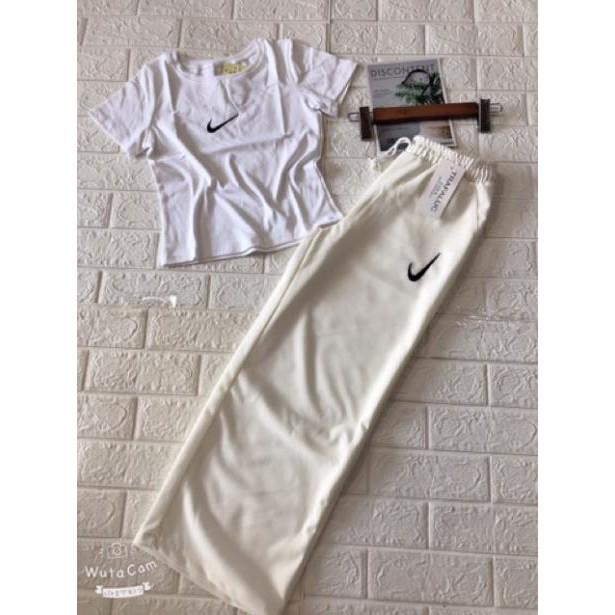 Set bộ quần ống rộng cạp chun áo croptop thêu phẩy