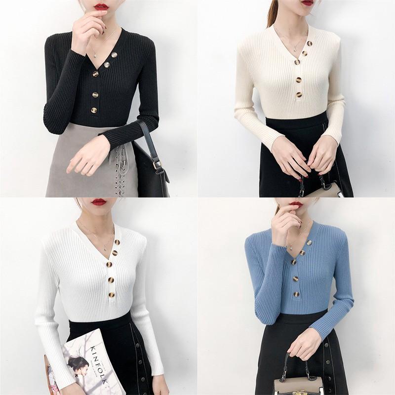 Áo dệt kim nữ tay dài cổ chữ V dáng ôm