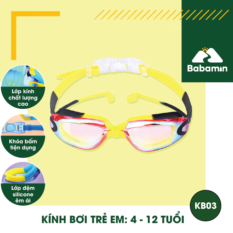 Kính Bơi Trẻ Em 4 - 12 Tuổi Cao Cấp - Kèm Bịt Tai, Tráng Gương, Có Hộp Đựng - KB03