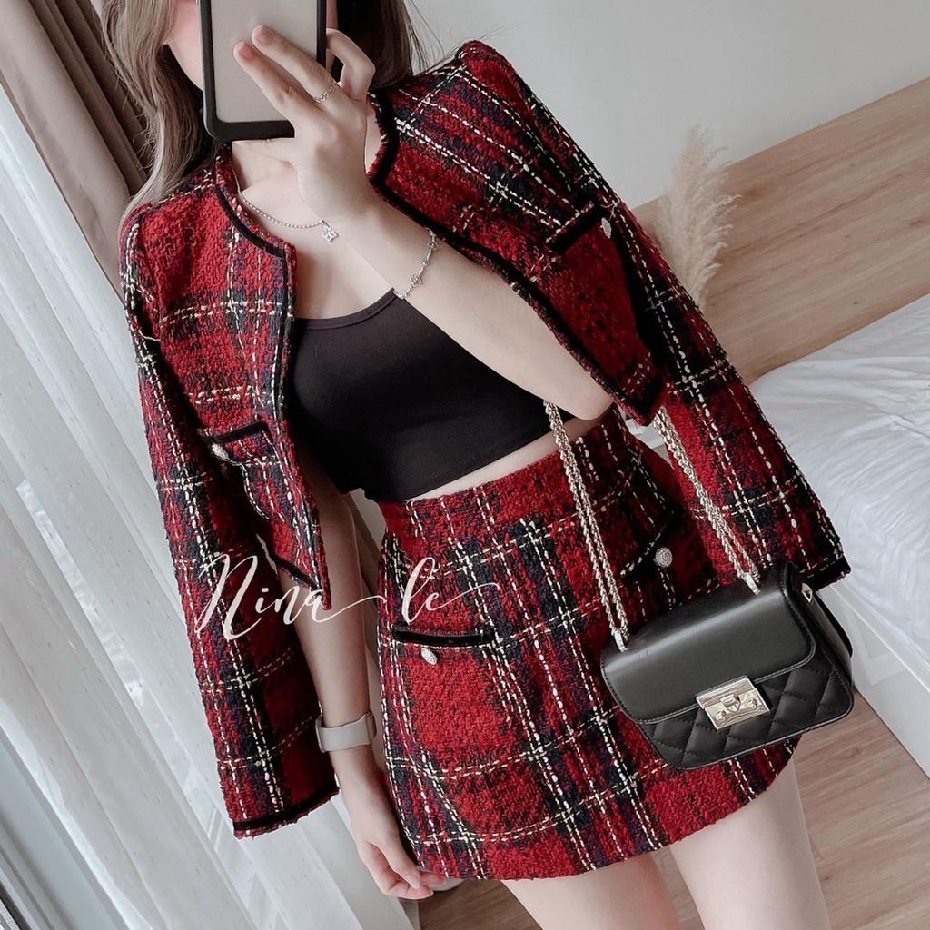 Set 3 món dạ caro đỏ khoác crop cổ tròn áo 2 dây đen chân váy ngắn mẫu chị nina lê