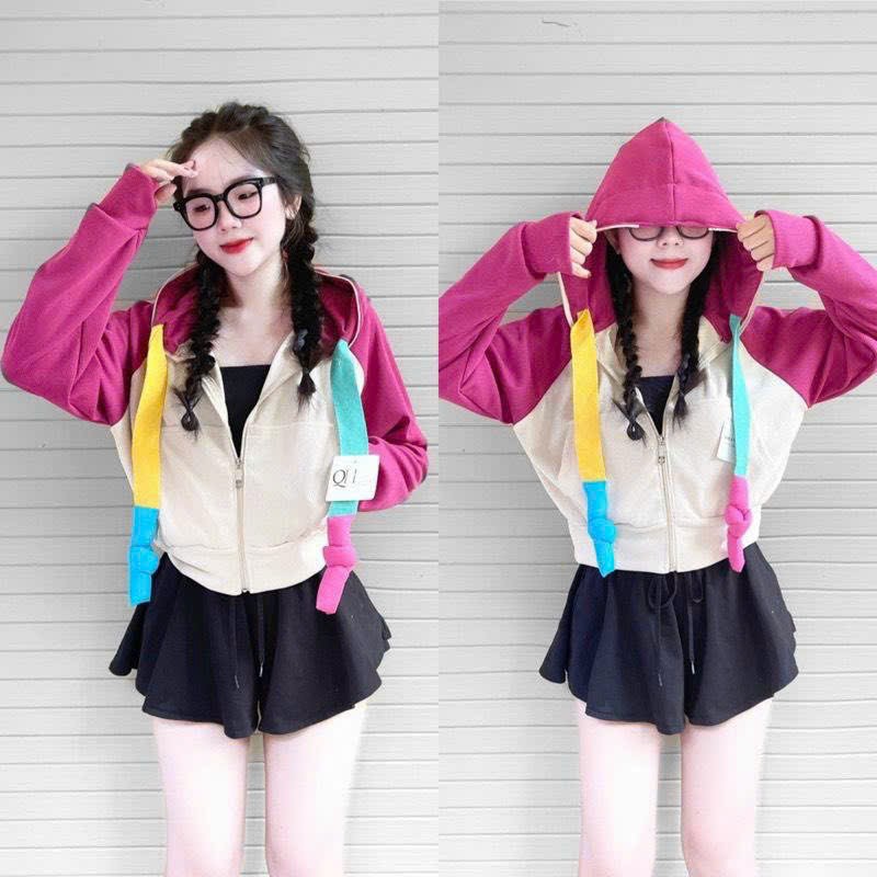 Áo khoác nữ chất LEN GÂN QC tay phối raplan thiết kế nón rộng tay xỏ ngón dây kéo cao