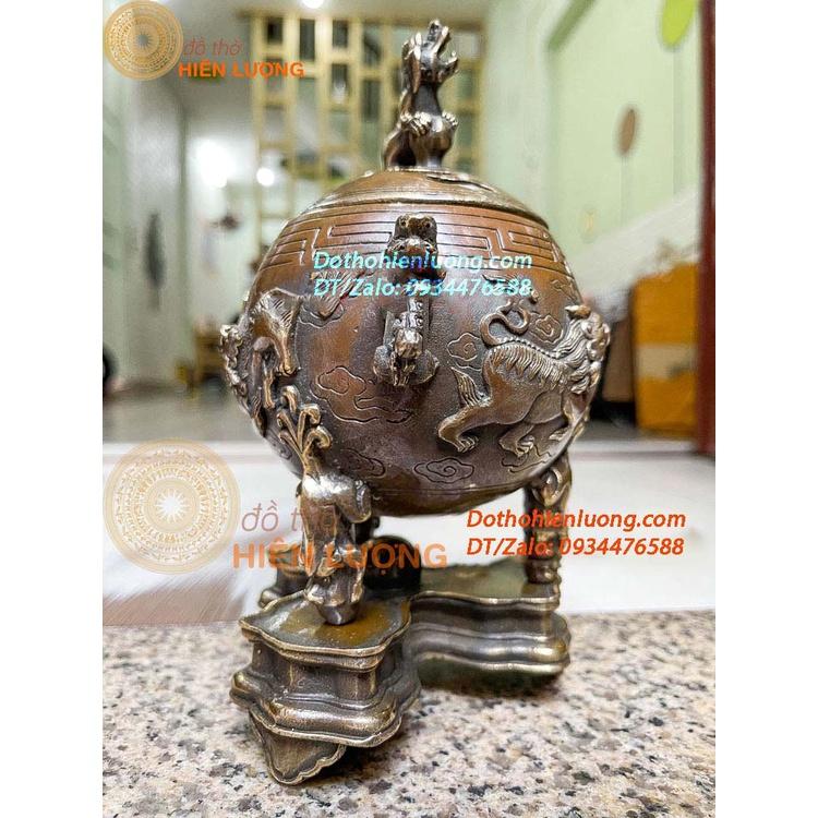 Lư Xông Trầm Nghê Vờn Cầu Bằng Đồng Hun Màu Nâu Giả Cổ Kích Thước 17x20cm, Nặng 1Kg Đẹp Tinh Xảo