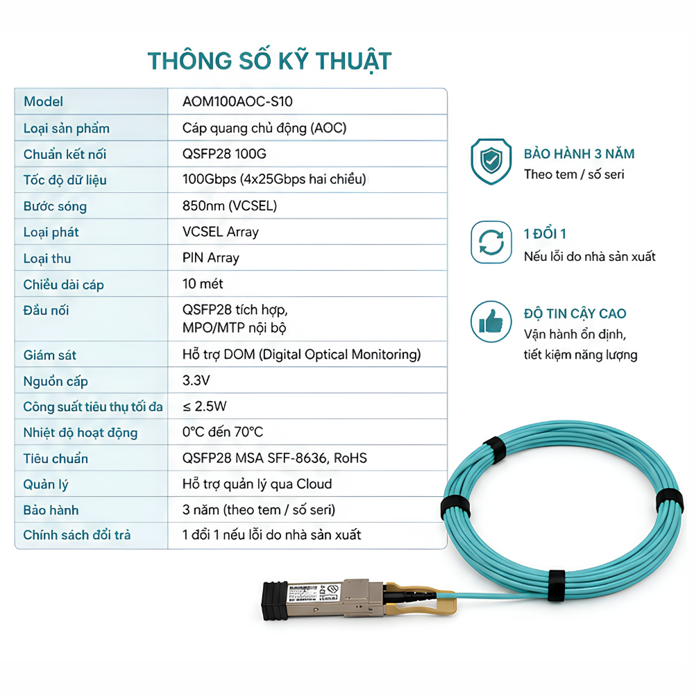 Cáp quang chủ động (AOC) AurCore 100G QSFP28 10m AOM100AOC-S10 Hàng Chính Hãng