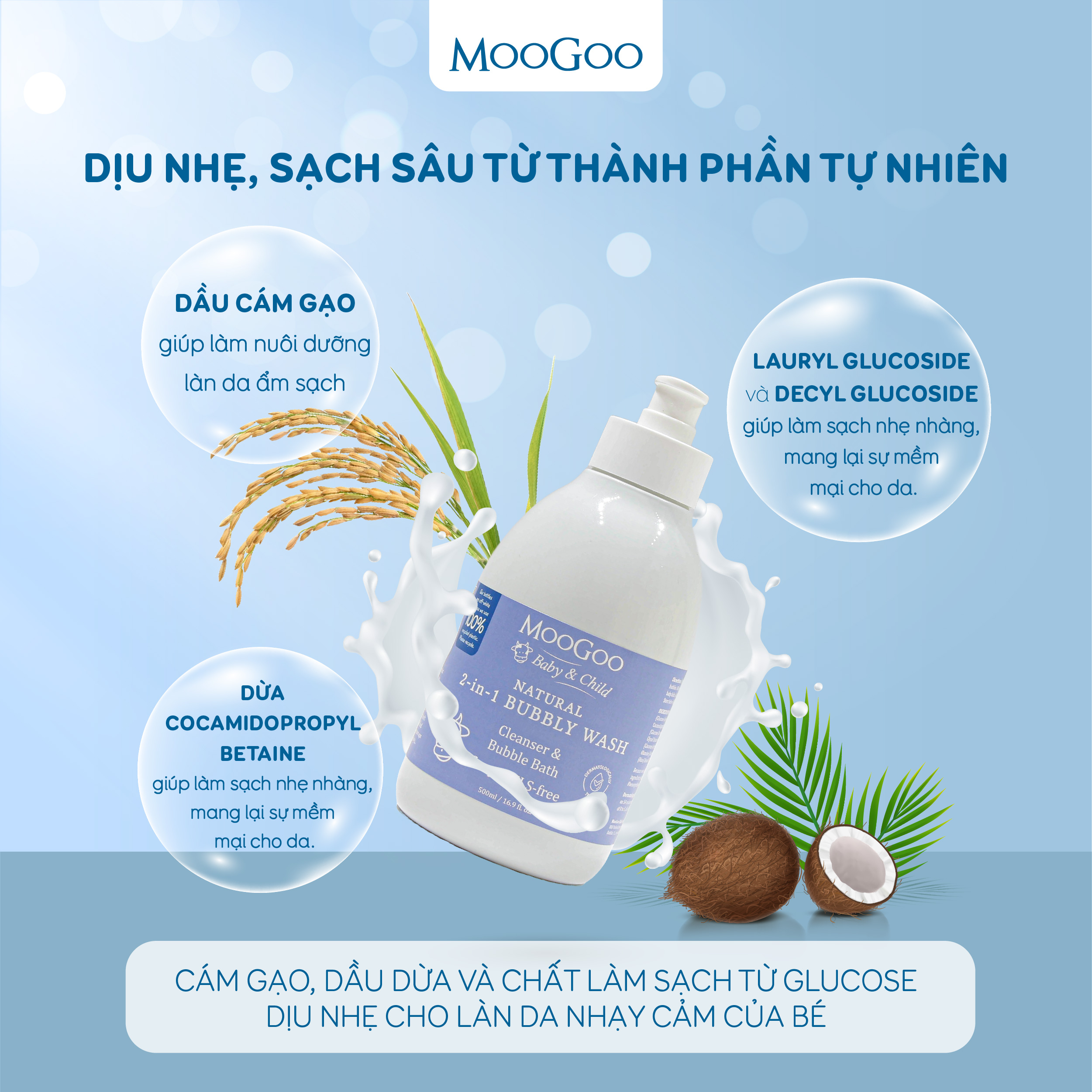 Sữa Tắm Gội Tự Nhiên Từ Cám Gạo Tạo Bọt Cho Bé 2 Trong 1 - MooGoo