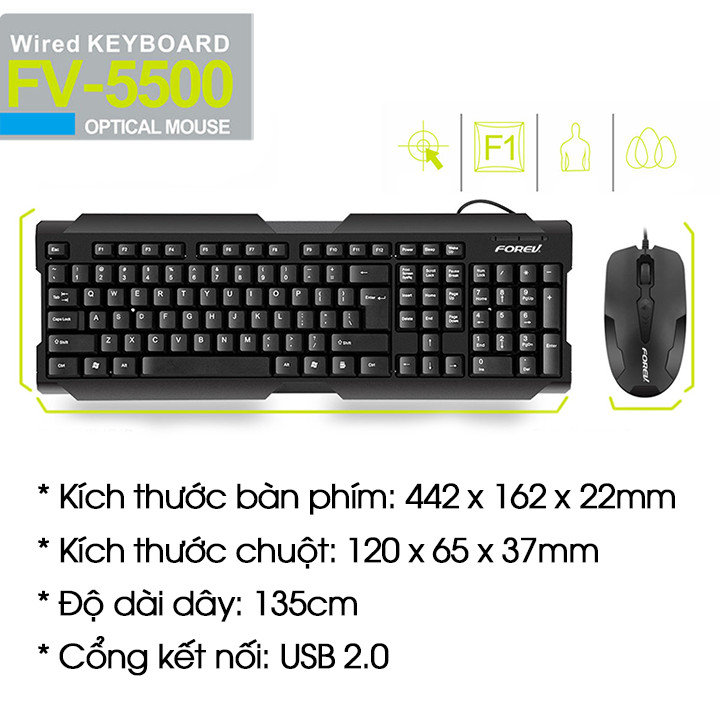 Bộ bàn phím, chuột có dây văn phòng ForeV FV5500 (hàng nhập khẩu)