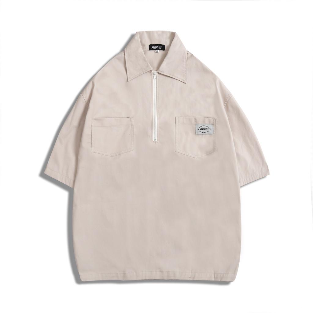 Áo sơ mi tay ngắn nam nữ unisex form rộng cổ áo có dây kéo
