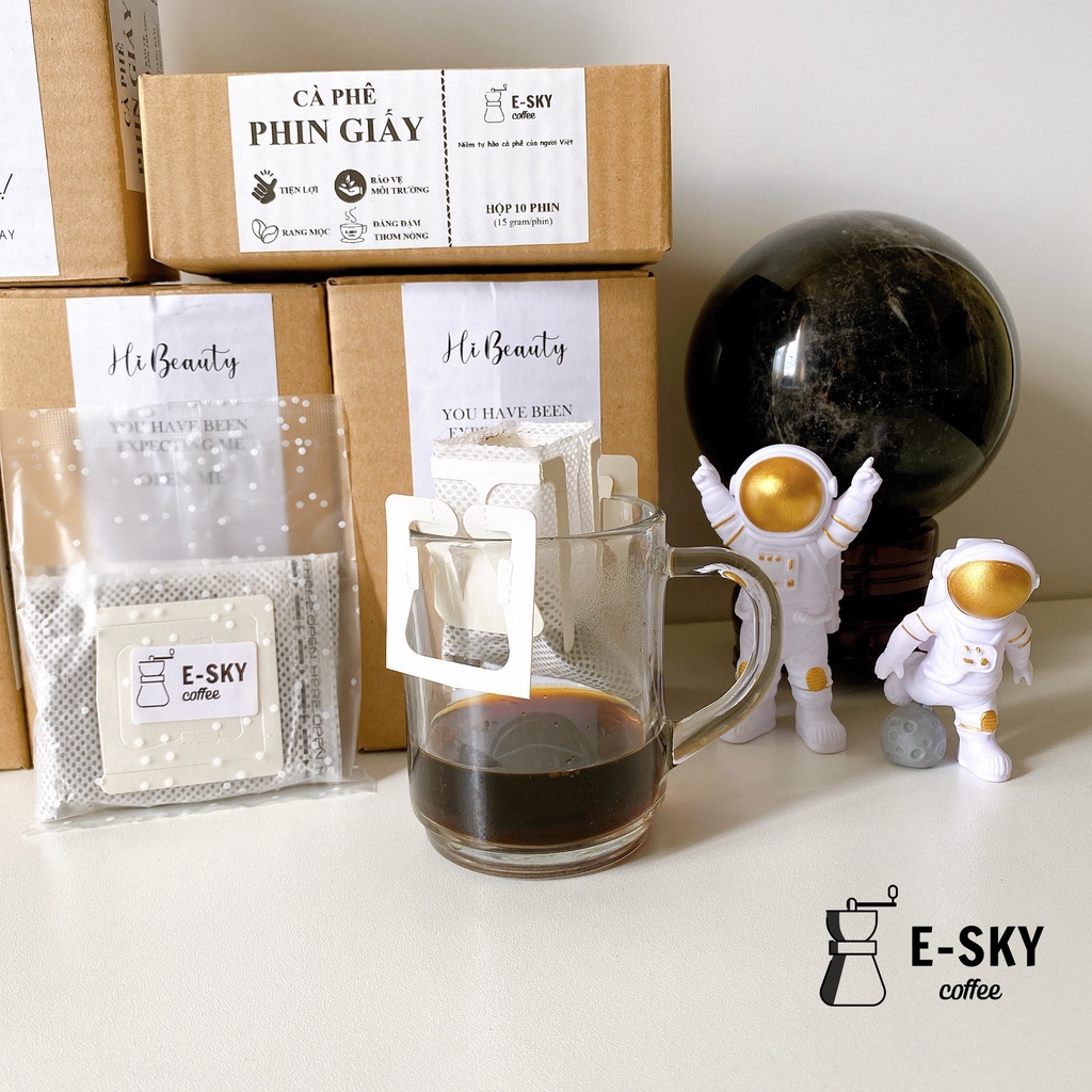 Cà Phê Rang Xay Nguyên Chất E-Sky Coffee Cafe Pha Phin Giấy Thơm Ngon Đậm Đà Hộp 10 Gói 150Gr