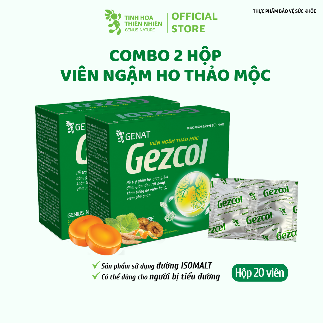 Combo 2 hộp 20 viên - Viên ngậm ho thảo mộc Gezcol Hỗ trợ giảm đau rát họng, khản tiếng do viêm họng, viêm phế quản - Genat