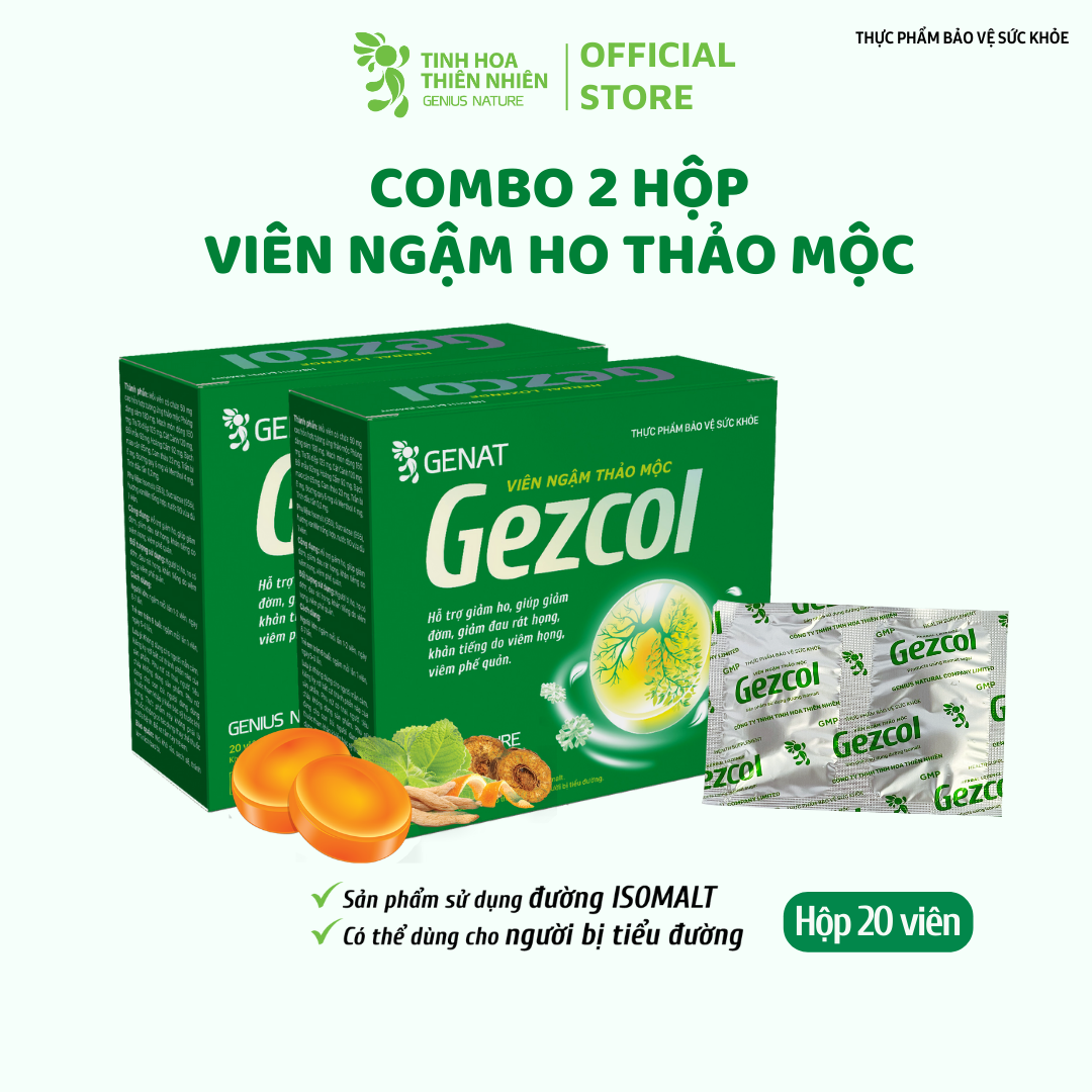 Combo 2 hộp 20 viên - Viên ngậm thảo mộc Gezcol Hỗ trợ giảm ho, giảm đờm, giảm đau rát họng, khản tiếng - Genat