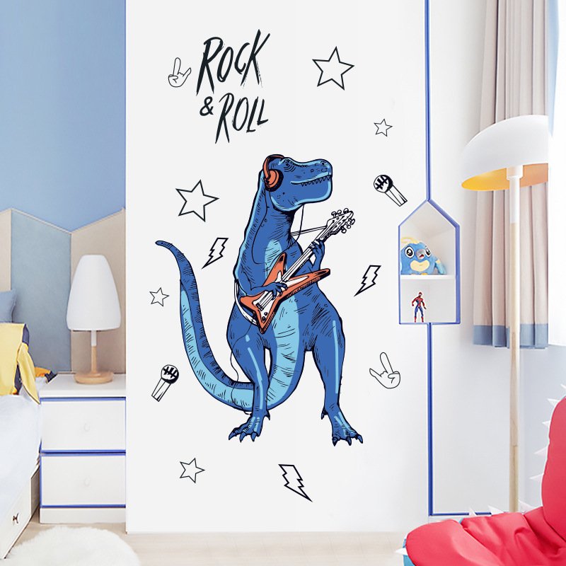 Decal dán tường khủng long xanh Rock and Roll sôi động