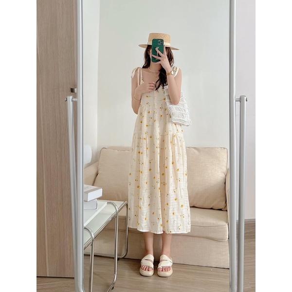 Váy Đầm Hai Dây Bản To Dáng Dài Hoa Nhí Vintage Cúc Ngực