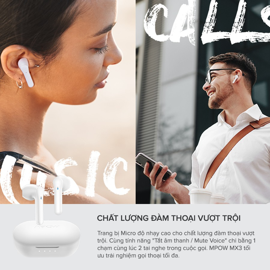 Tai Nghe BlueTrue Wireless MPOW MX3, Sạc Không Dây, BT 5.0, Cảm Ứng, Kháng Nước IPX4, Nghe Đến 25H - Hàng Chính Hãng