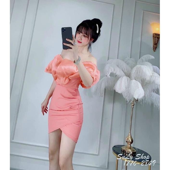 Đầm trễ vai nhún ngọc trai 2 màu