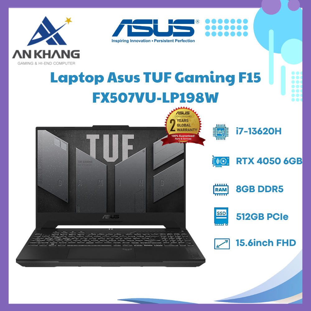Laptop Asus TUF Gaming F15 FX507VU-LP198W (Core i7 13620H/ 8GB/ 512GB SSD/ Nvidia GeForce RTX 4050 6GB GDDR6/ 15.6inch Full HD/ Windows 11 Home/ Grey) - Hàng Chính Hãng - Bảo Hành 24 Tháng