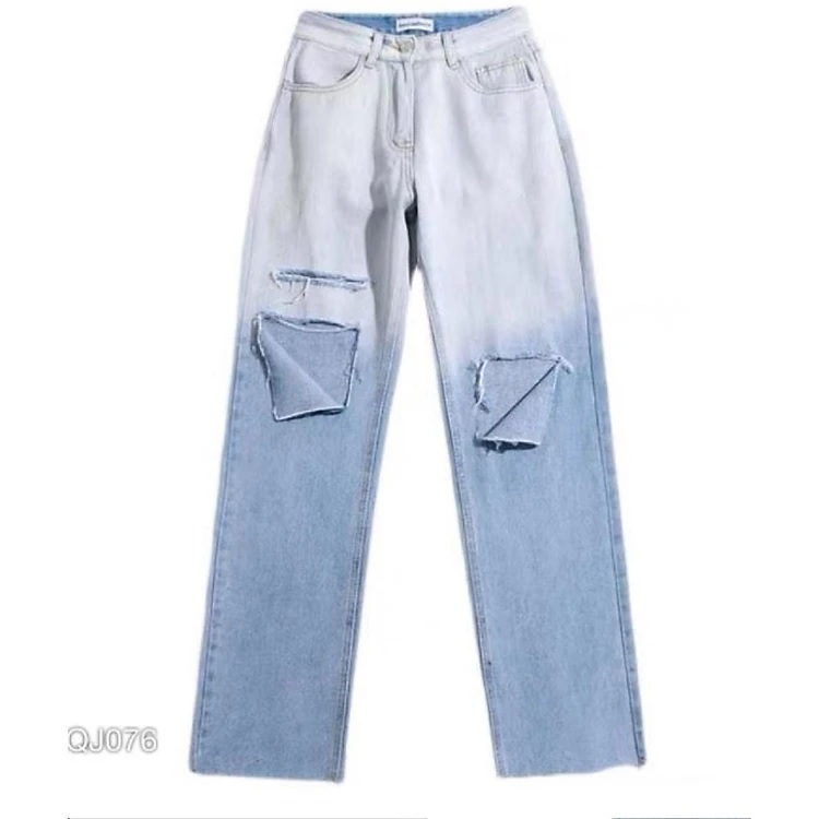 Quần Jean Nữ Ống Rộng Lưng Cao Trơn Loang 2 Màu Rách Gối Kiểu ULZZANG