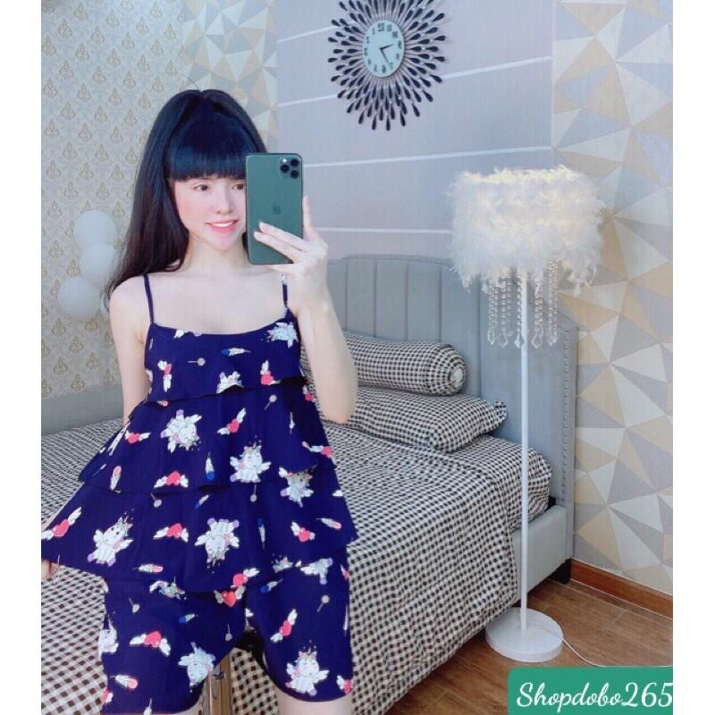 Bộ ngủ 2 dây, đồ bộ nữ,đồ ngủ,đồ bộ mặc nhà đùi 2 dây tầng vải lụa họa tiết siêu cute