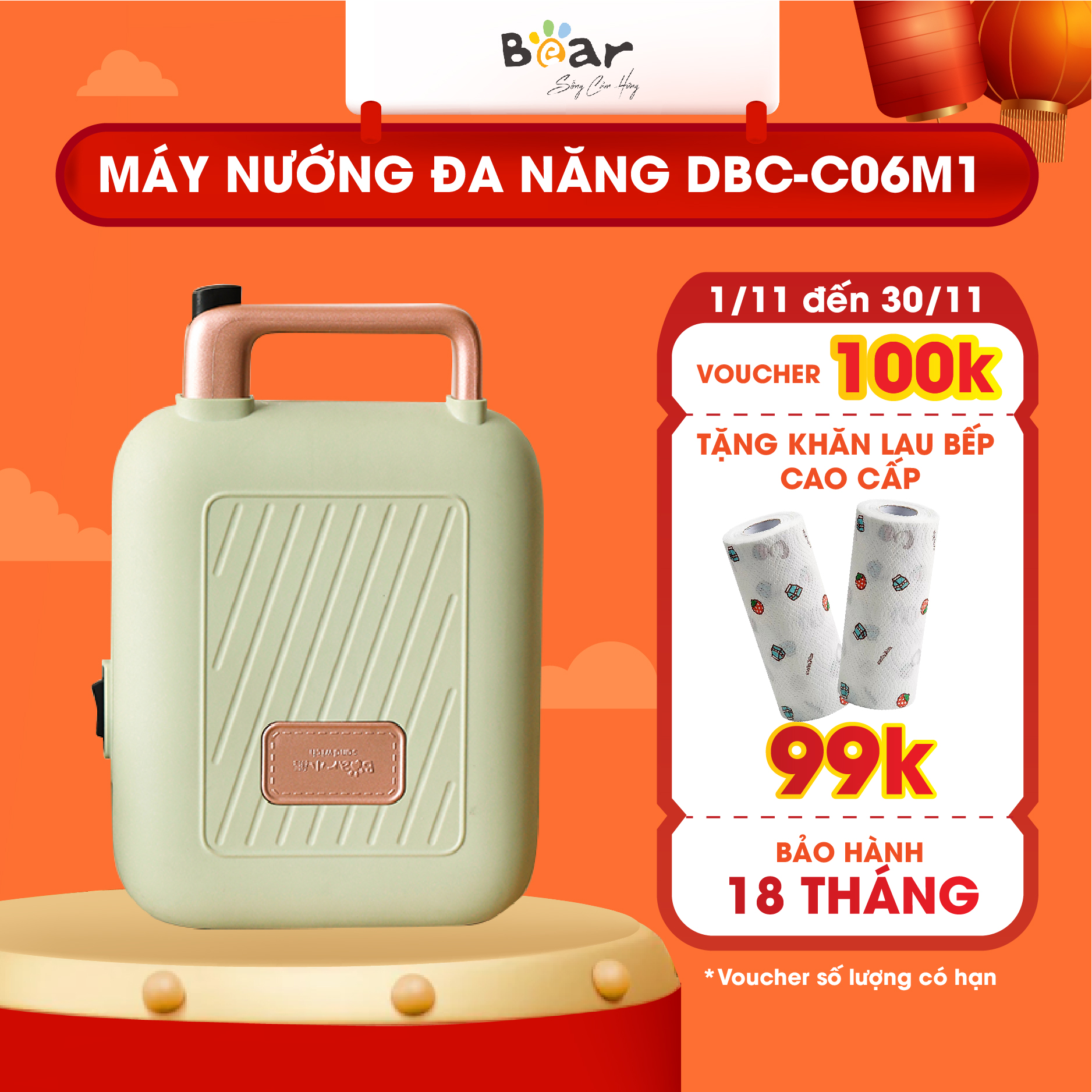 Máy Nướng Bánh Đa Năng Bear Nướng Bánh Sandwich, Crepe, Waffle Rán Trứng Xúc Xích DBC-C06M1