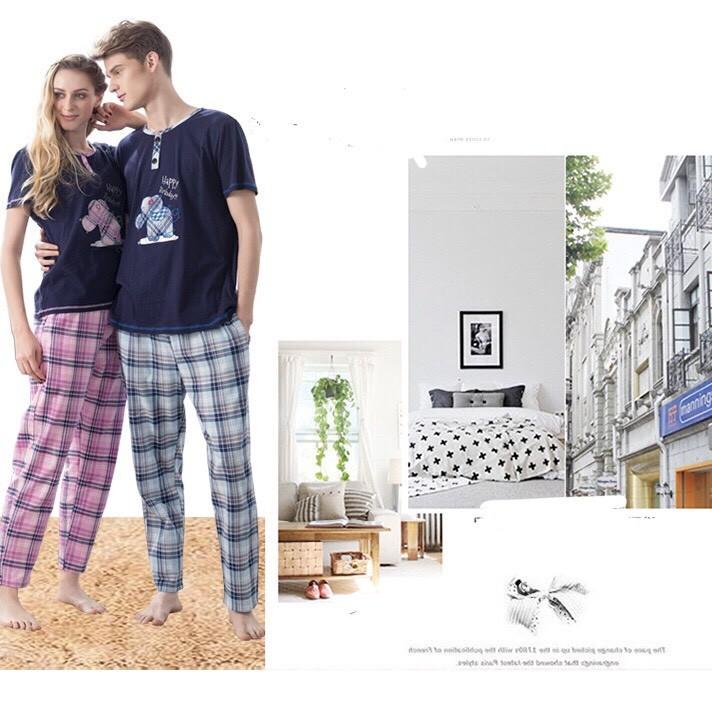 Bộ cotton ngắn tay kẻ tím