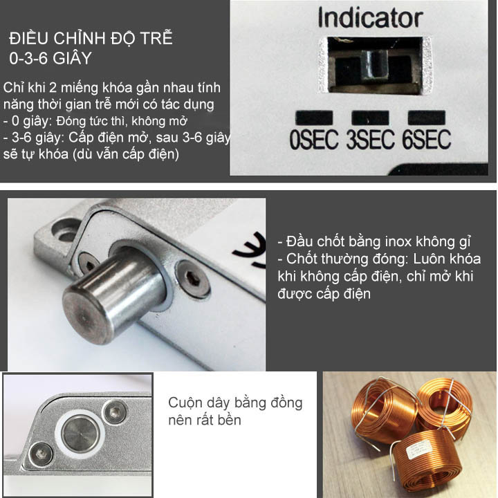 Khóa chốt cửa điện từ gắn nổi, loại thường đóng 12VDC độ trễ 0-3-6 giây