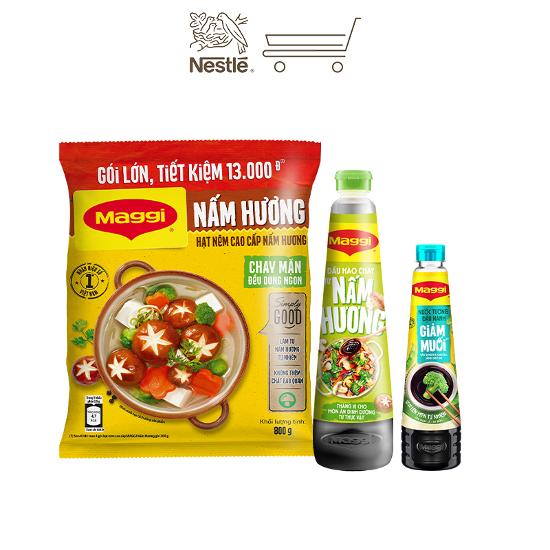 [Quà tặng tháng 11 - Mua 1 tặng 1 Nồi Inox] Combo MAGGI THANH DỊU 3: 1 Chai nước tương đậu nành Giảm Muối 300ml + 1 Chai dầu hào Nấm Hương 820g + 1 Gói hạt nêm cao cấp Nấm Hương 800g