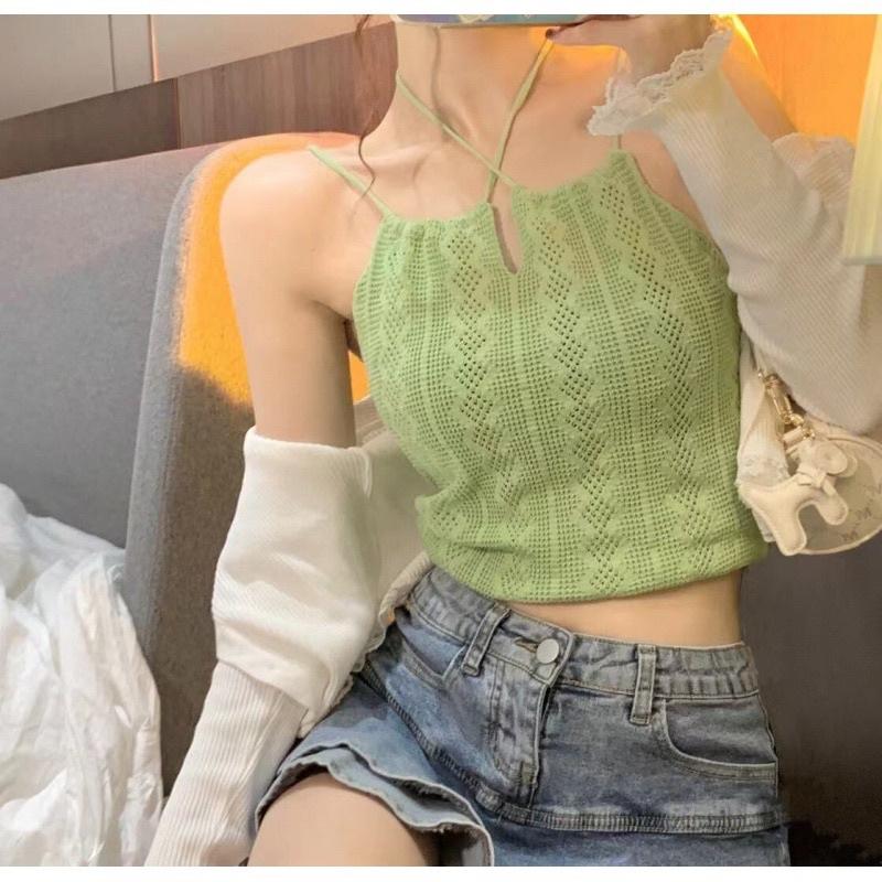 Áo 2 dây nữ cách điệu chất len dệt kim dáng croptop hàng QC mã mới 2022