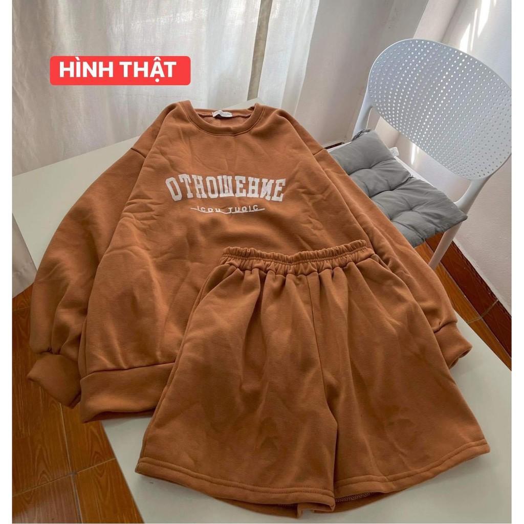 Set Bộ Nỉ Áo Sweater Kèm Quần Đùi Set Bộ Nỉ Ngoại Tay Phồng Form Rộng Phong Cách Ulzzang OTHOW