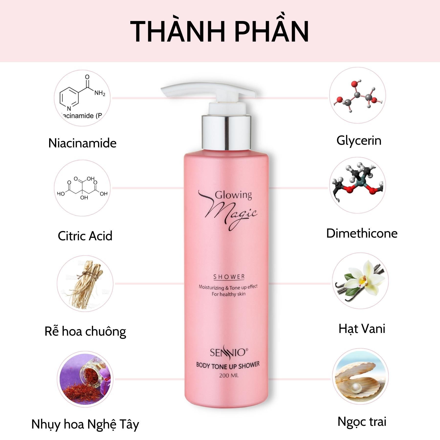 Kem ủ trắng body Sennio Glowing Magic Body Tone Up Shower dưỡng ẩm trắng da 200ml SNO 501