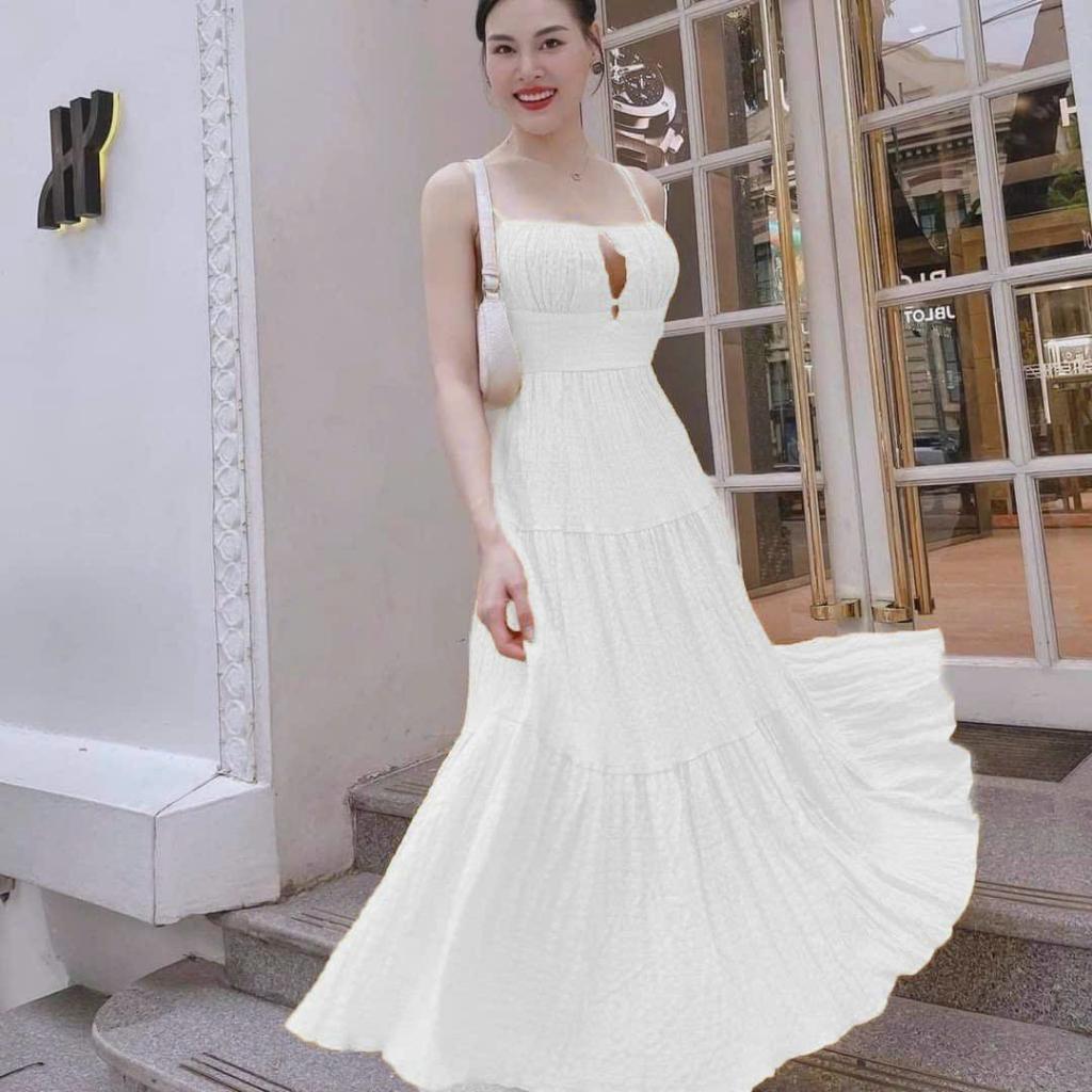 Váy đầm nữ maxi hai dây nhún tầng hở lưng cột dây quyến rũ
