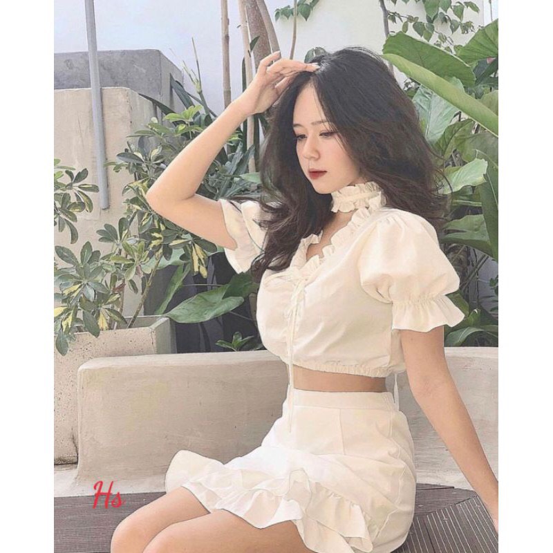 Bộ Chân Váy Áo Croptop Cổ V Dây Rút Set Váy Áo Dáng Ngắn Trắng Chất Đũi X017