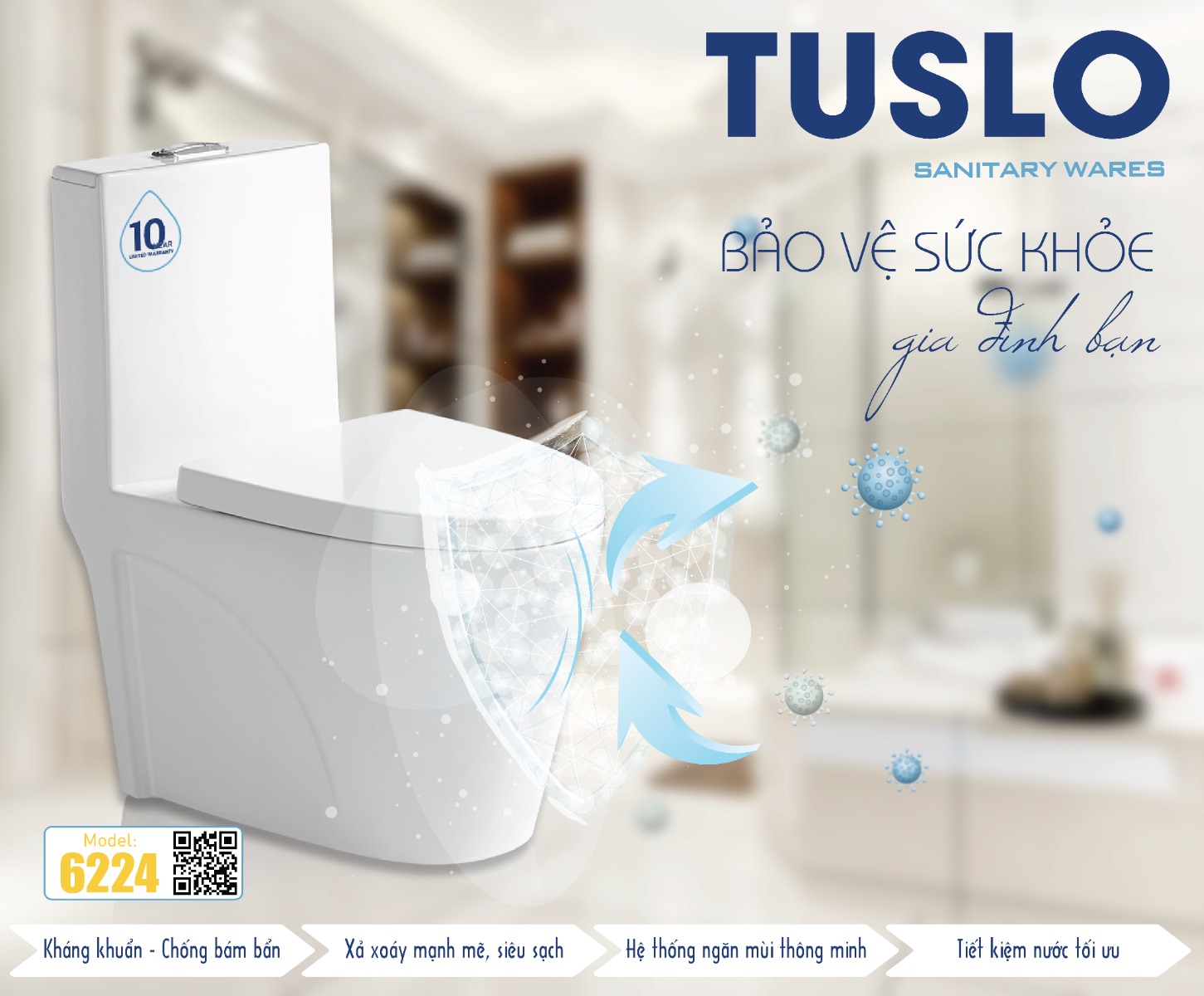 Bồn cầu một khối TUSLO COC 6224 cao cấp, mẫu đẹp, công nghệ xả xoáy 360 độ hiện đại - Hoa Sen Home - Hàng chính hãng