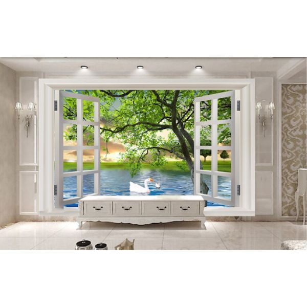 Tranh dán tường 3d cửa sổ đôi thiên nga ép lụa kim sa có sẵn keo CS08