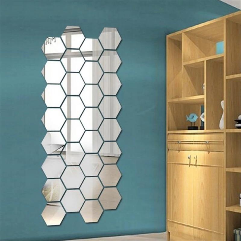 Bộ 6 Sticker Tráng Gương Dán Tường Hình Lục Giác 3d