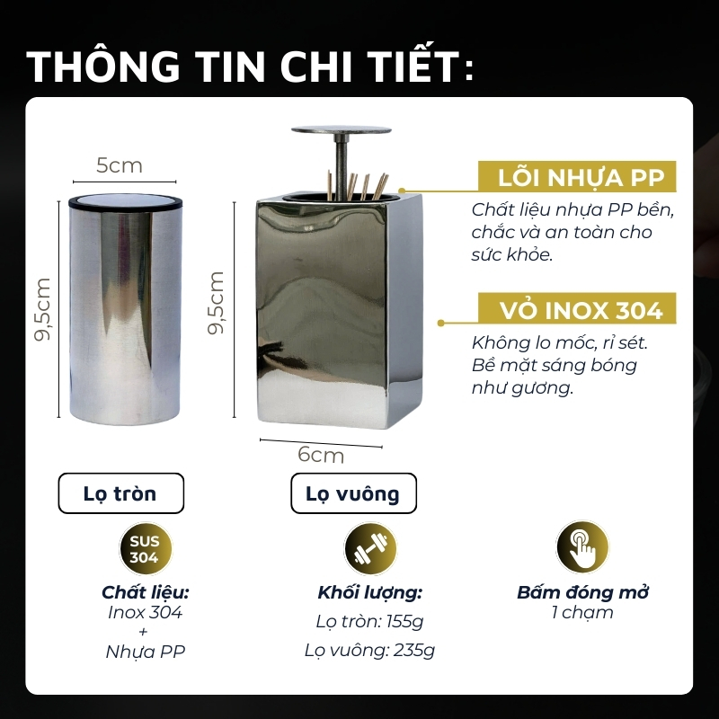 Lọ đựng tăm inox 304 DandiHome nắp bấm đóng mở hoàn toàn kín