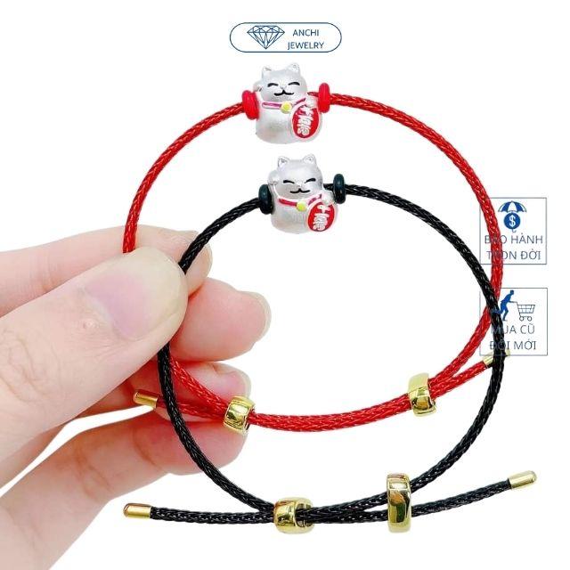 Vòng tay dây cước charm mèo thần tài, bạc ta dây 2mm may mắn, Anchi jewelry