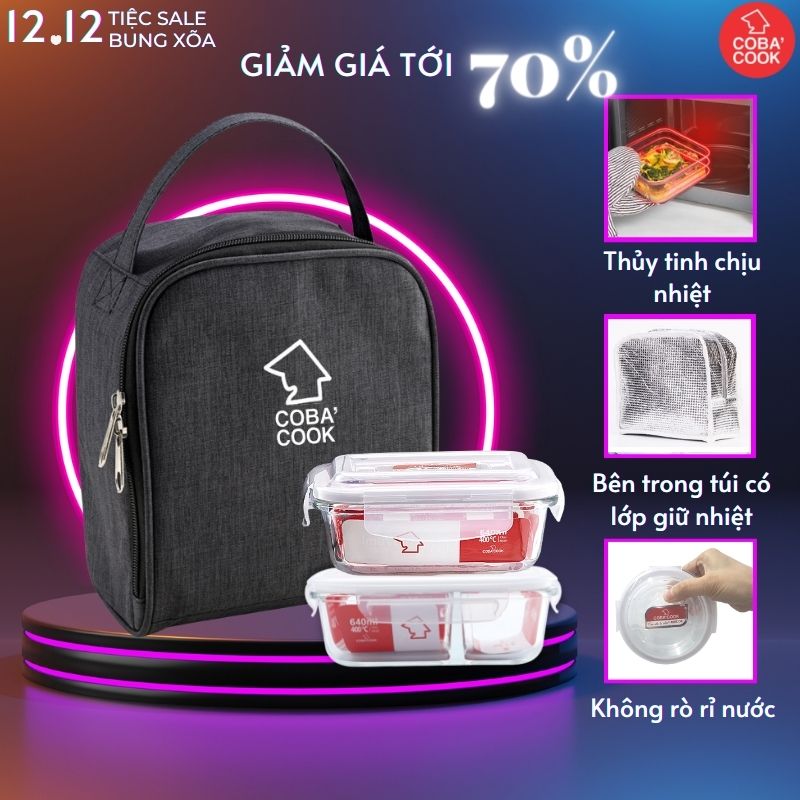 Bộ 2 Hộp Cơm Chia 2 Ngăn Và Hộp 640ml Kèm Túi Giữ Nhiệt COBACOOK- CCL6NL62BS