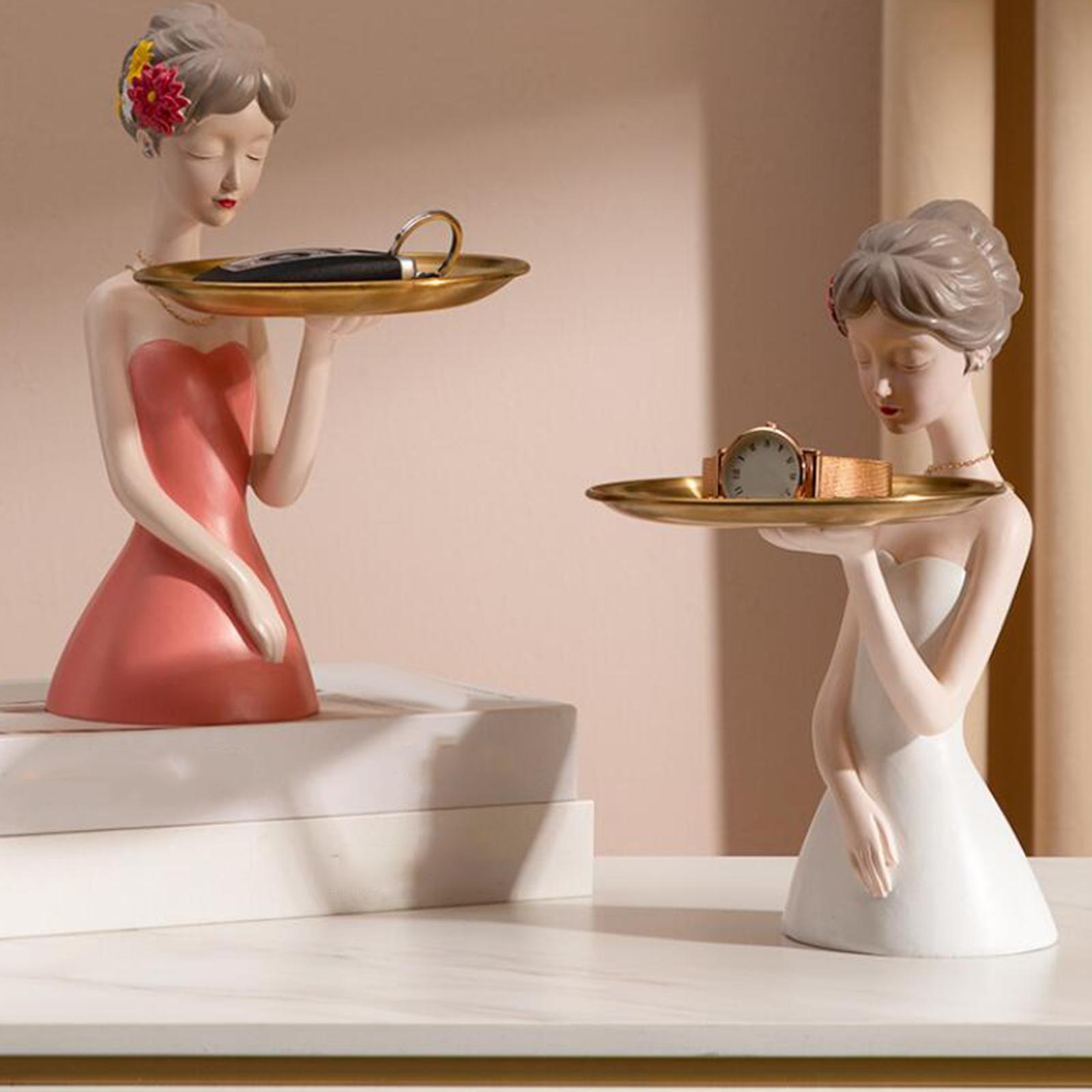 Resin Girl Statue Holding Storage Tray Table Desk Decor Sculpture