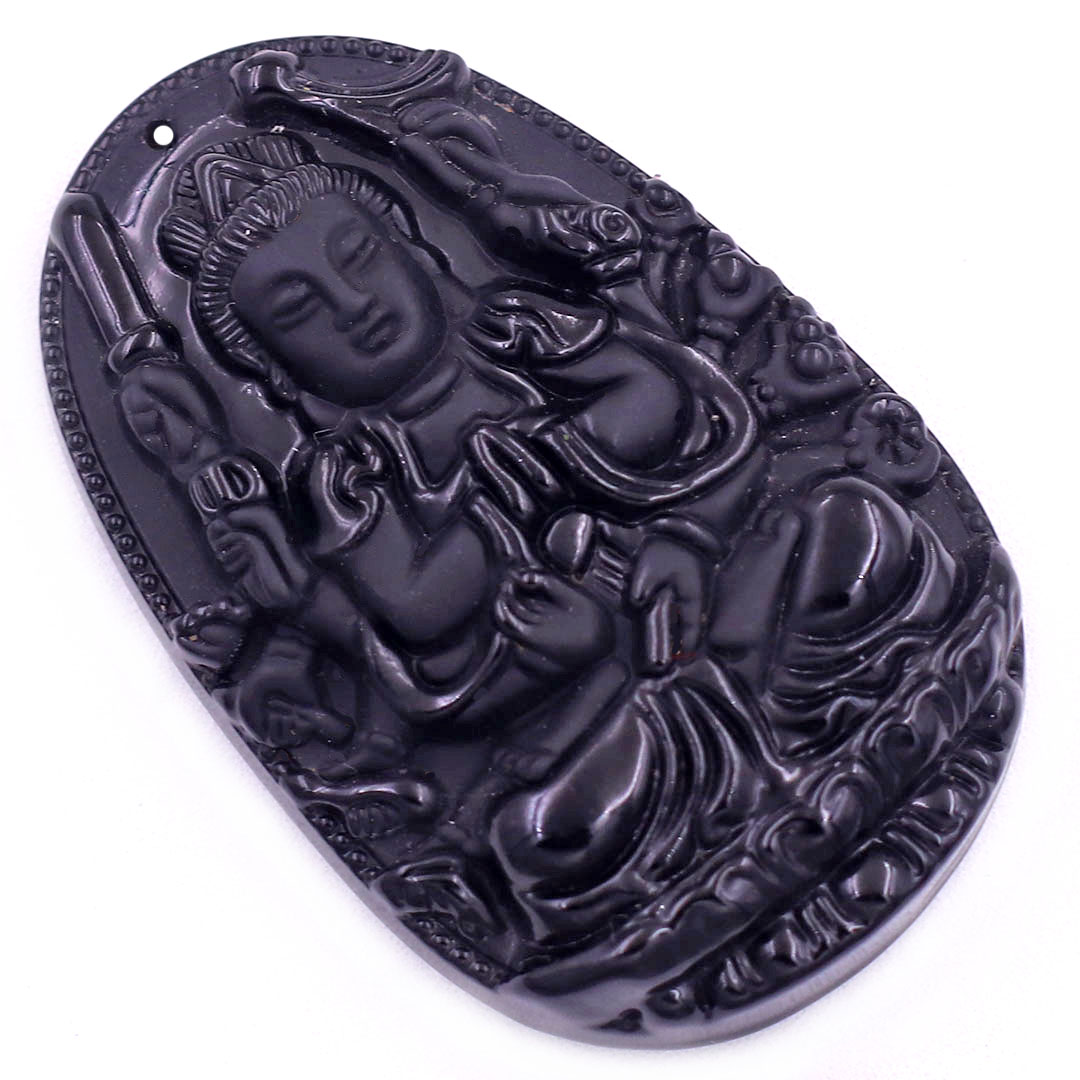 Mặt Phật Thiên thủ thiên nhãn đá thạch anh đen 5 cm kèm vòng cổ dây cao su đen - mặt dây chuyền size lớn - size L, Mặt Phật bản mệnh, Quan âm bồ tát