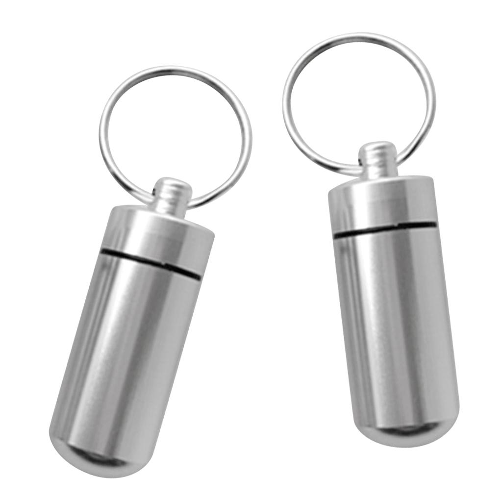 2pcs Aluminum Alloy Waterproof Key Ring Container Pill Storage Box Case Silver