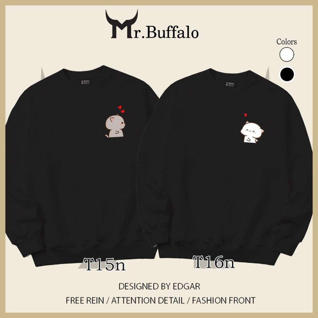 Áo Sweater cặp đôi Mèo mochi T15T16 dễ thương Mr.Buffalo - T16 - ĐEN