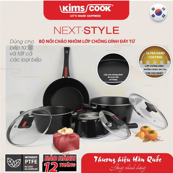 Bộ nồi chảo cao cấp Next Style đáy từ hợp kim nhôm chống dính Kims Cook 07 món