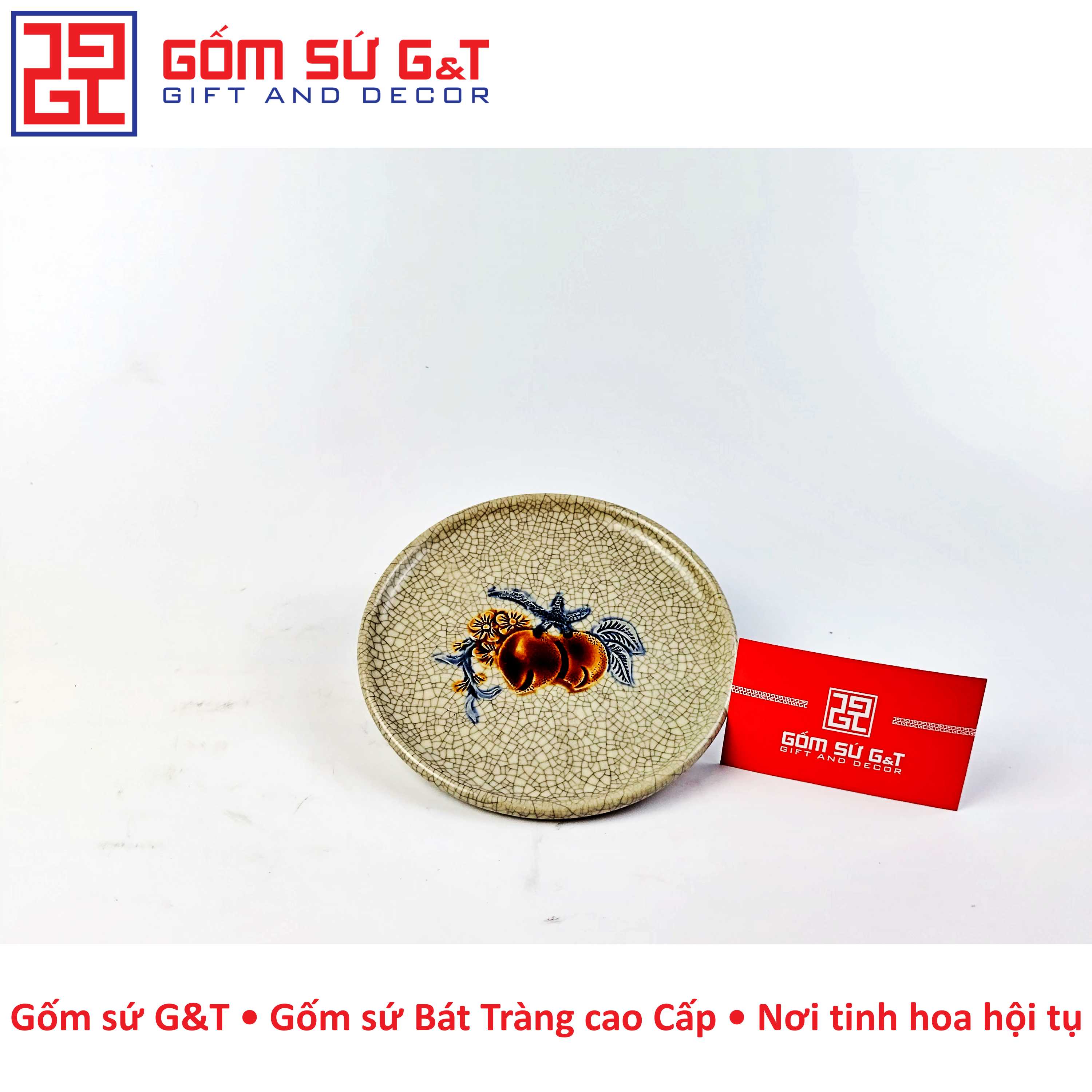 Đĩa trầu thấp men rạn đào trường thọ nổi Gốm Sứ G&T