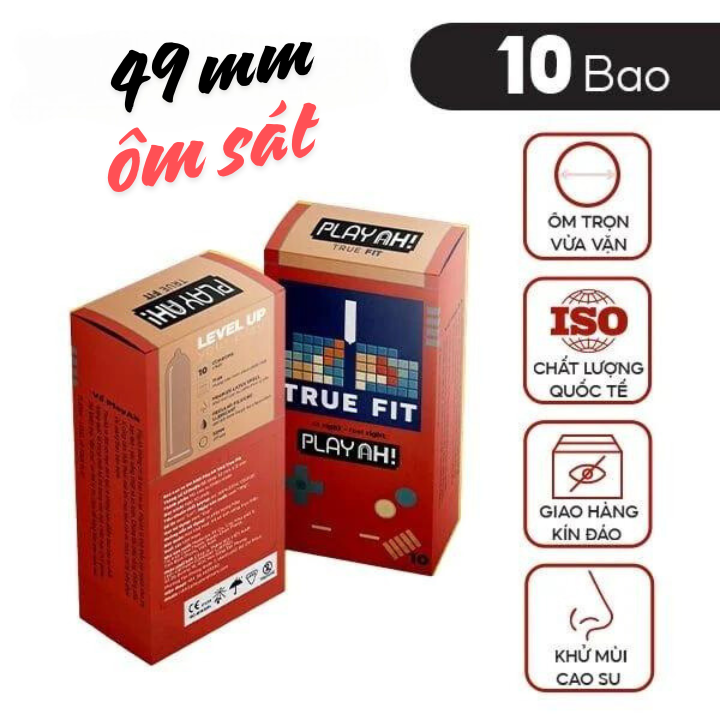 Hộp 10 cái bao cao su PlayAh True Fit Ôm Sát size 49mm size nhỏ chống tuột bao