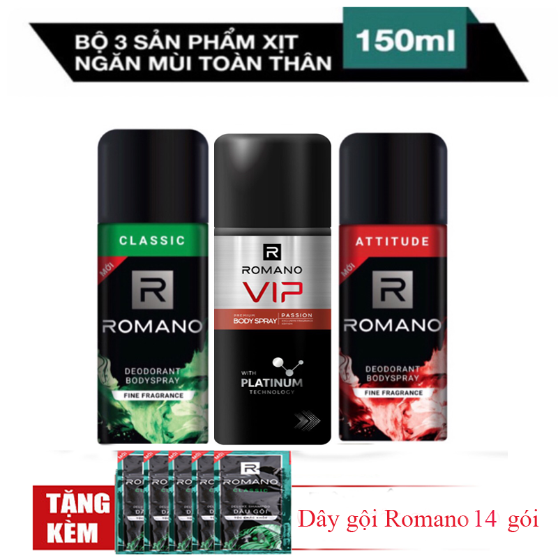 Bộ 3 Chai Xịt Khử Mùi Romano: Classic 150ml+ Attitude 150ml +Vip 150ml+1 dây dầu gội Classic 14 gói