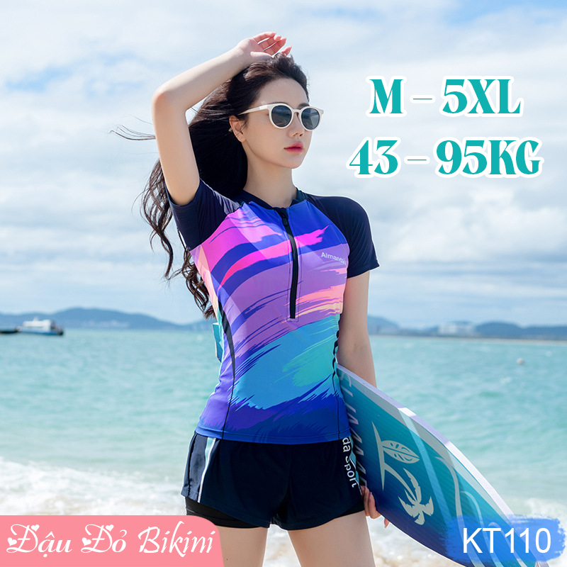 Bộ bơi nữ big size cao cấp, mẫu 2 mảnh áo cộc tay có khóa kéo trước, quần boxer trẻ trung, chất thun bơi lạnh Lycra co giãn đa chiều, dày dặn mịn mát, chống thấm nước nhanh khô | KT110