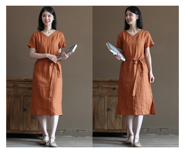 Đầm linen suông cổ tim ngắn kèm dây thắt eo phong cách nữ nhẹ nhàng thach lịch, mẫu mới Đũi Việt 2023 DV193