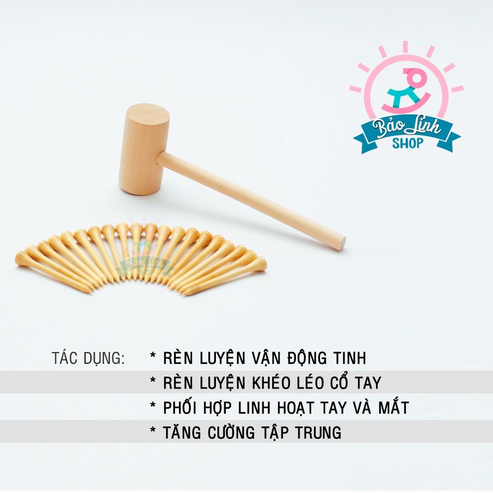Đồ chơi cho bé 1-2 tuổi - Set búa gỗ kèm 20 đinh tre giúp bé rèn vận động tinh, tăng tập trung kiên nhẫn