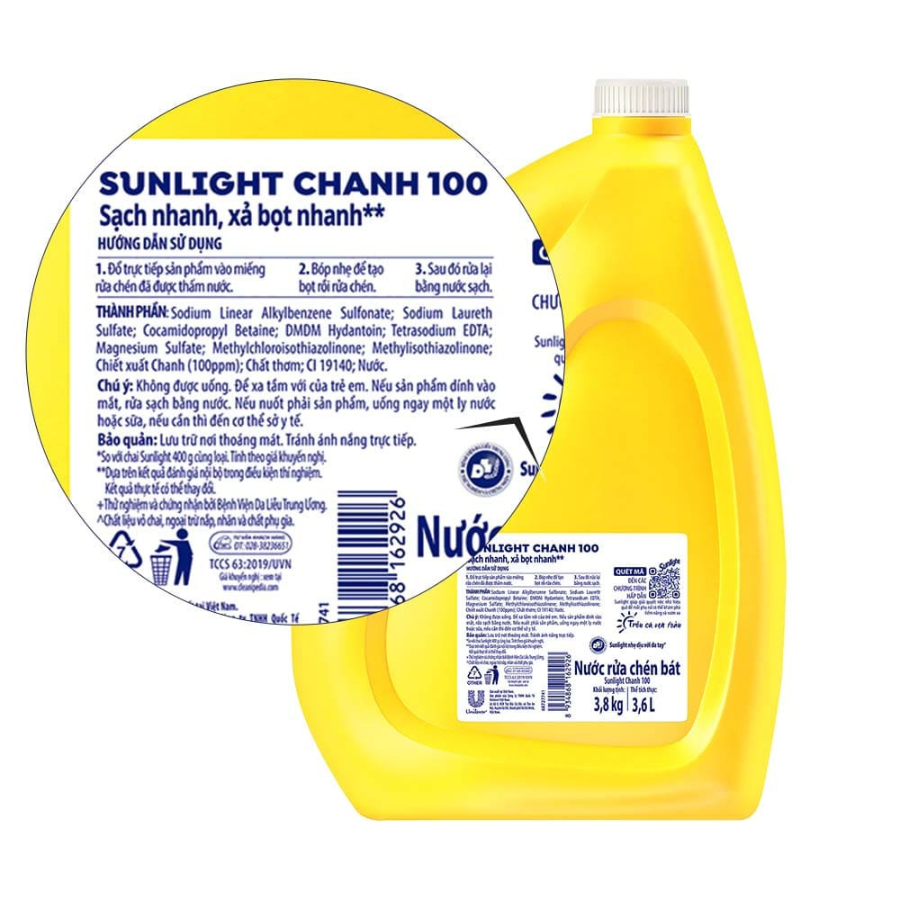 Nước Rửa Chén Bát Sunlight Chanh 100 Sạch Nhanh Xả Bọt Nhanh Rửa Sạch Dầu Mỡ 3.6kg